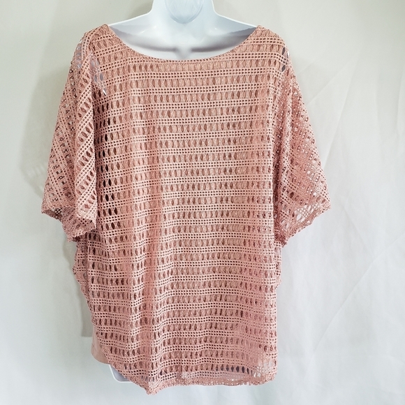 EUC Light Dusty Pink Crocheted Poncho Top w/Butterfly Sleeve Size L - Picture 2 of 6